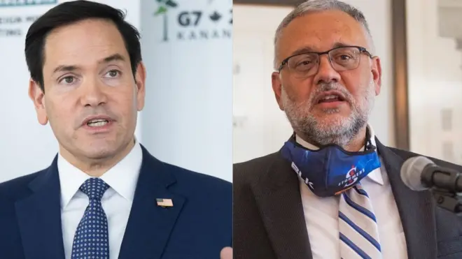 अमेरिका के विदेश मंत्री मार्को रुबियो और दक्षिण अफ़्रीका के राजदूत इब्राहिम रसूल