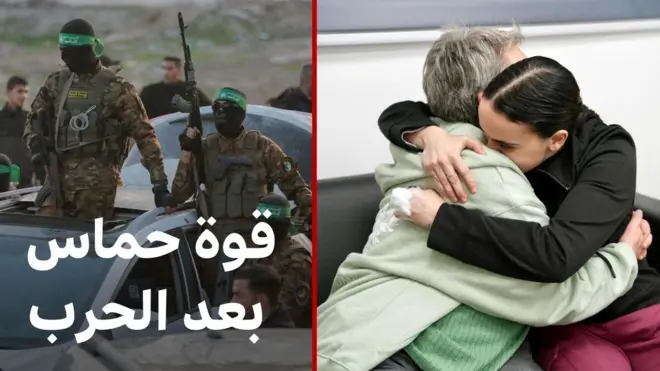 صورة للرهائن الإسرائيليين المفرج عنهم إلى جانب صورة لعناصر من حركة حماس أثناء عملية التبادل