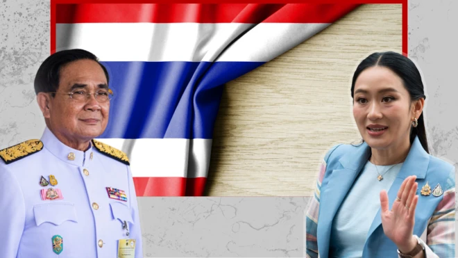 Tướng Prayuth Chan-ocha (trái) và Thủ tướng Paetongtarn Shinawatra, người đang bị đình chỉ chức vụ