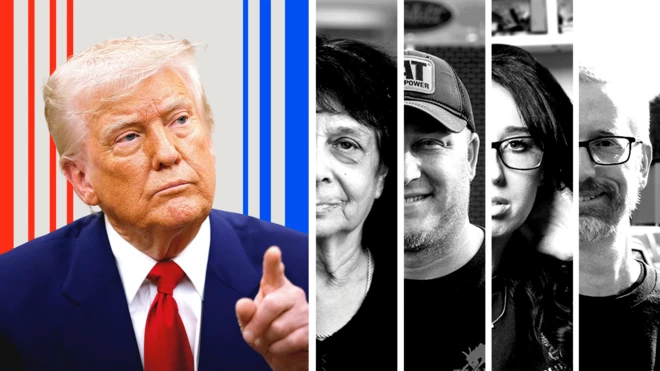 အပြာရောင်နဲ့ အနီရောင် ထိပ်အစဥ်းပြား နောက်ခံနဲ့ သမ္မတ ထရမ့်ကို ဒီသတင်းအတွက် ပါဝင်ဖြေဆိုခဲ့ကြသူတွေနဲ့ အဖြူအမည်း ဓာတ်ပုံတွေနဲ့ ကပ်ပြီး ပူးတွဲထားတဲ့ဓာတ်ပုံဖြစ်ပါတယ်။ 