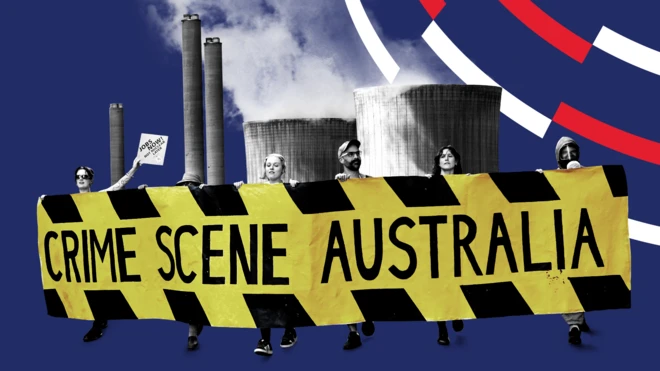 2025年3月11日，在福島核災發生14週年紀念日，參與示威者從國家圖書館遊行至必和必拓（BHP）辦公室，反對核能及其風險。