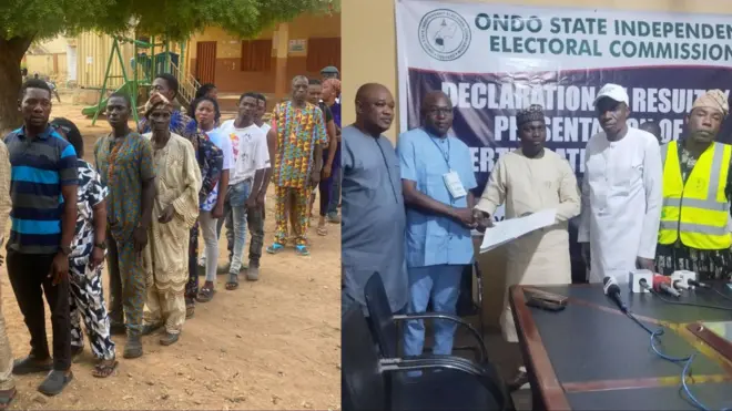 Aworan awọn oludibo lori ila ati ibudo ikede esi idibo naa.