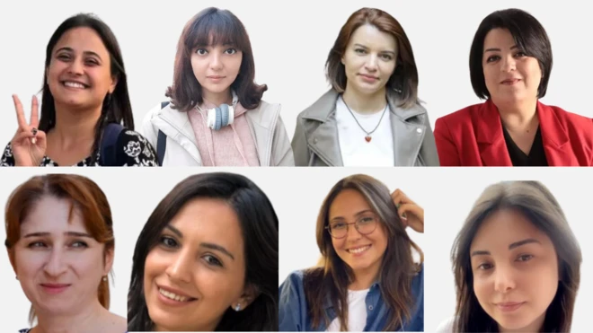 Həbsdə olan qadın jurnalistlər, Azərbaycanda Abzas media işi ilə bağlı üç qadın jurnalist, Sevinc Vaqifqızı, Nərgiz Absalamov və Elnarə Qasımova, Meydan TV-dən olan dördü adın jurnalist – Aynur Elgünəş, Aytac Əhmədova, Aysel Umudova və Xəyalə Ağayeva, Toplum TV-dən isə Şahnaz Bəylərqızı həbsdədir.