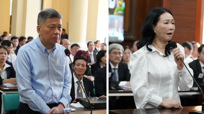 Ông Chu Lập Cơ (trái) và vợ là bà Trương Mỹ Lan (phải) tại tòa sáng 5/3/2024