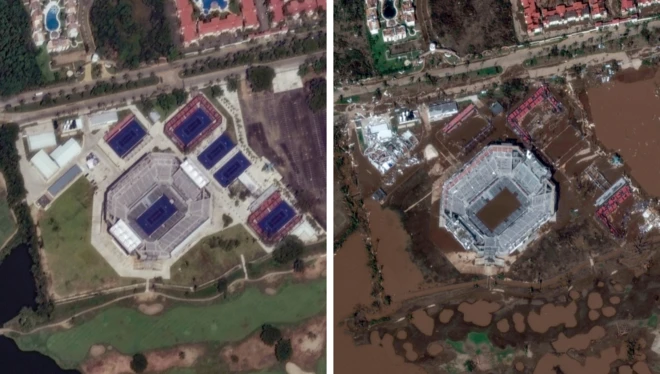 Arena en Acapulco antes y después del huracán Otis