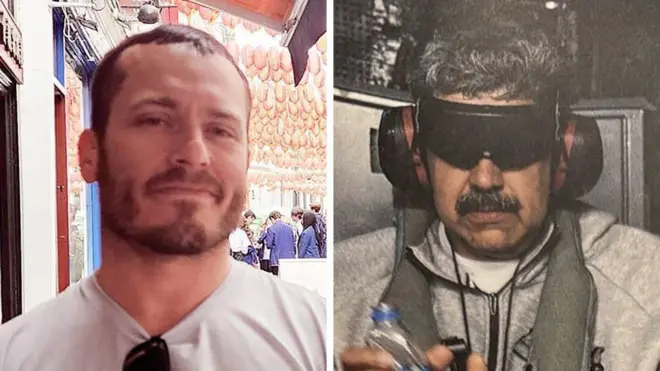 Imagen de Gannon Ken Van Dyke junto a una imagen de Nicolás Maduro después de su detención.