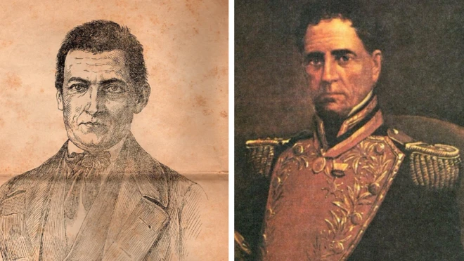 Retratos de José Gregorio, a la izquierda en blanco y negro, y de José Tadeo Monagas, a la derecha en color.
