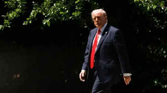 明るい日の光を浴びながら木々を背にホワイトハウスの庭を歩く、スーツ姿のトランプ氏