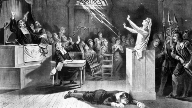 Cadılıkla suçlanan bir kadının şeytandan yardım istediğini gösteren bir çizim (1692)