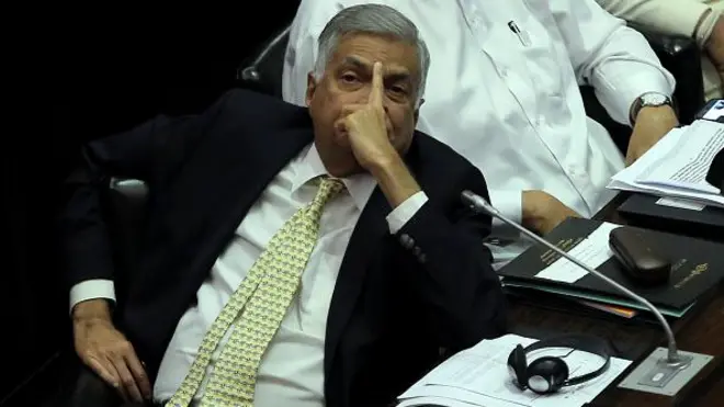 Ousted Sri Lankan prime minister Ranil Wickremesinghe attends a session at the parliament complex, Colombo, Sri Lanka.12-12-2018 