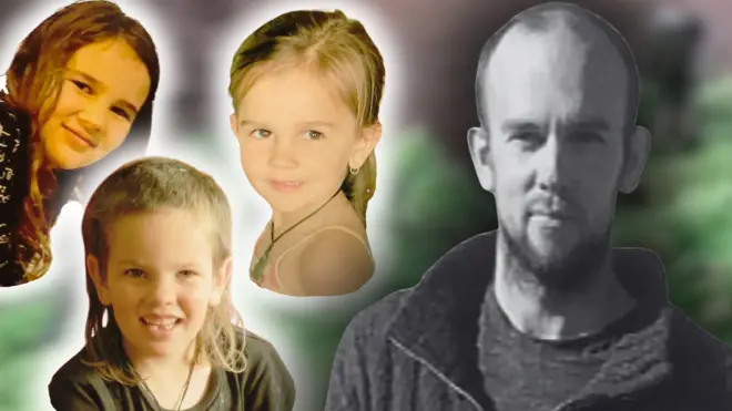 Колаж - фото Тома Філліпса та трьох його дітей на розмитому тлі
