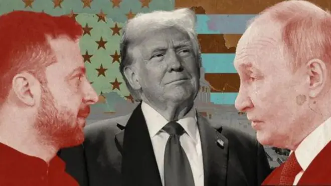 Колаж портретів Володимира Зеленського, Дональда Трампа та Володимира Путіна