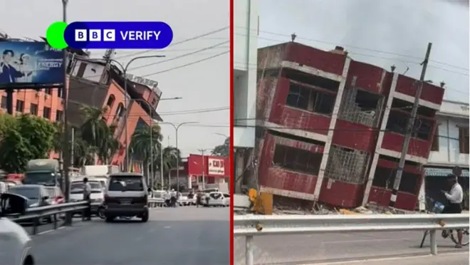 ミャンマーの地震で傾いた建物