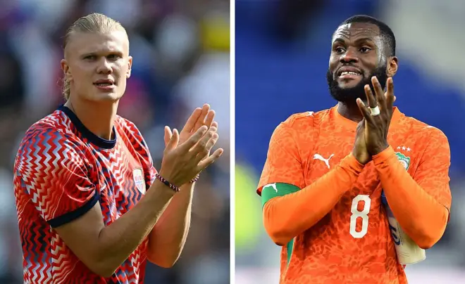 Norway No. 09 Erling Braut Haaland for Foxborough on June 26, 2026 (L); and Ivory Coast's No. 08 Franck Kessie