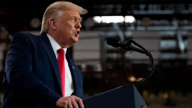 US President Donald Trump speaks after touring the Whirlpool Corporation Manufacturing Plant in Clyde, Ohio, on August 6, 2020
