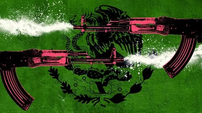 Graphic showing two AK-47s firing cocaine with the Mexican coat of arms in the background