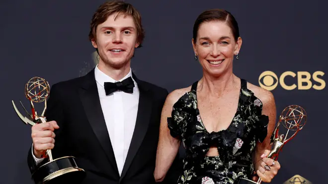 Mare of Easttown stars Evan Peters and Julianne Nicholson won best supporting actor and actress in a limited series