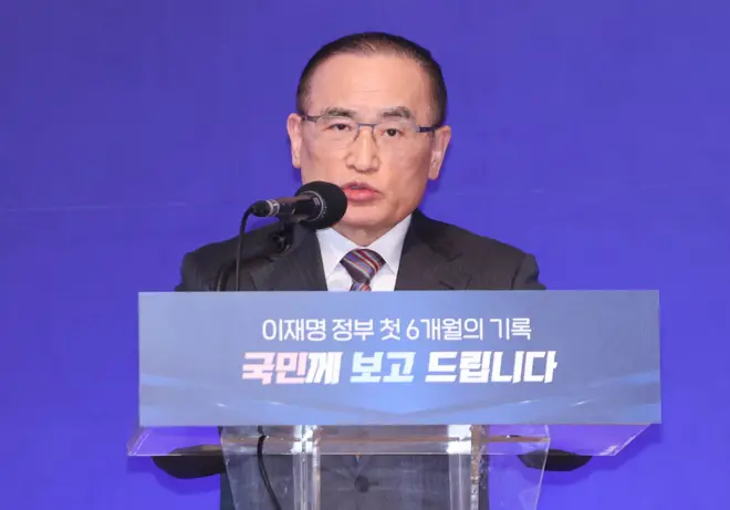 위성락 국가안보실장이 7일 서울 용산 대통령실 청사에서 열린 '이재명 정부 출범 6개월 성과 간담회'에서 발언하고 있다