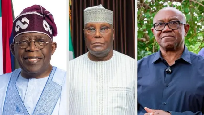 Collage of images of Bola Tinubu, Atiku Abubakar and Peter Obi