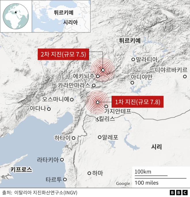 1,2차 지진 및 여진 발생 위치