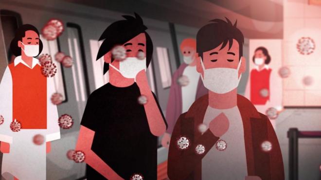 Ilustração com pessoas usando máscara saindo de trem