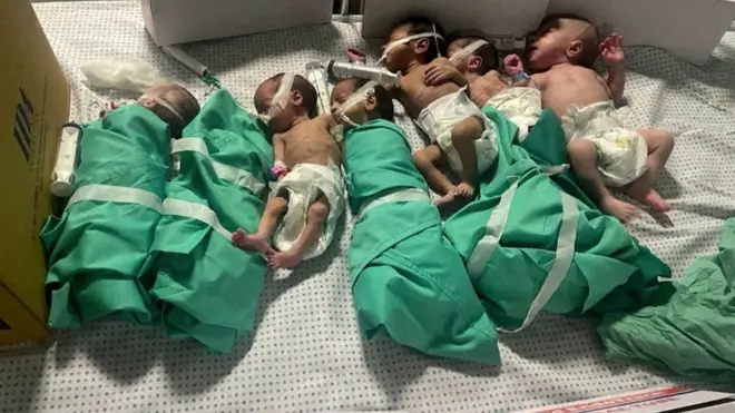 New born babies on a bed in Al-Shifa Hospital on 12 November, in a photo supplied to Reuters