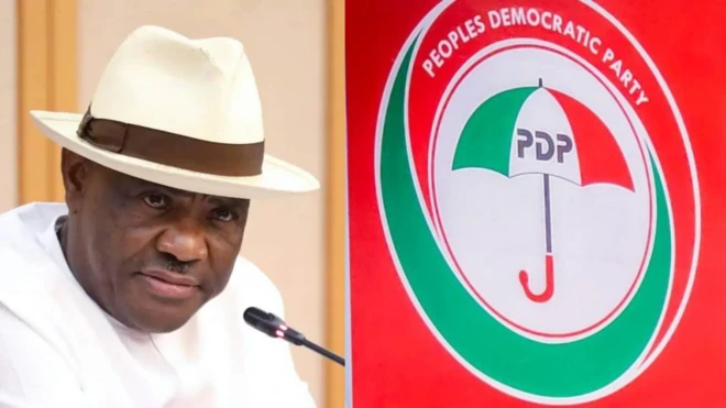 Foto of Nyesom Wike and PDP logo
