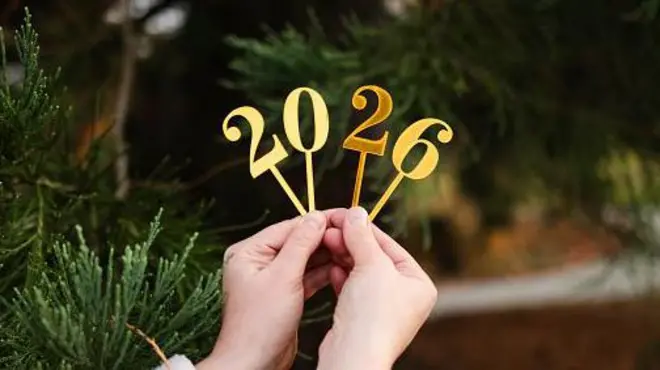 Ілюстративне новорічне фото: на фоні зеленої ялинки - руки тримають палички із цифрами 2026. 