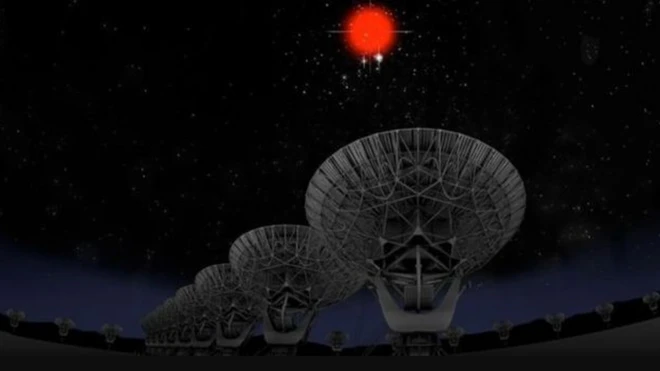 ภาพจำลองการปะทุสัญญาณเอฟอาร์บีที่ส่งมาถึงกล้องโทรทรรศน์วิทยุบนโลก