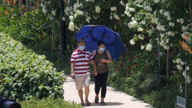 A couple wearing face masks