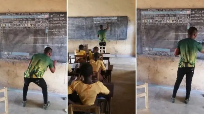 مدرس في غانا يثير اهتمام الانترنت لتدريسه الكمبيوتر بدائيا بالرسم على لوح التدريس
