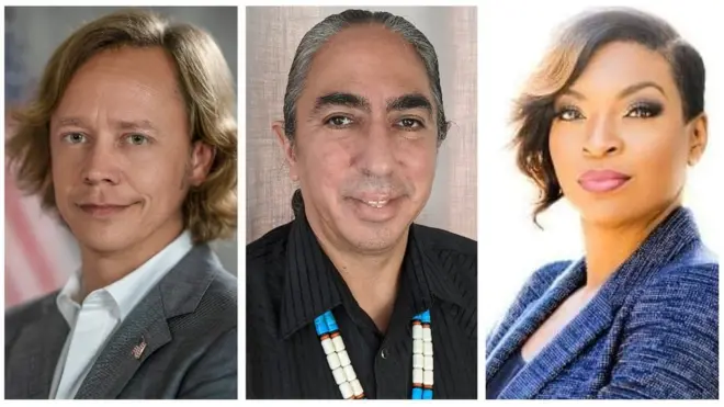 (De izquierda a derecha): Brock Pierce, Mark Charles y Jade Simmons son tres de los más de mil candidatos a la presidencia de Estados Unidos.