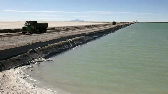 A brine pool at Uyuni salt lake in Bolivia contains valuable lithium