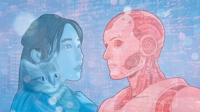Illustration: a woman with her AI lover
