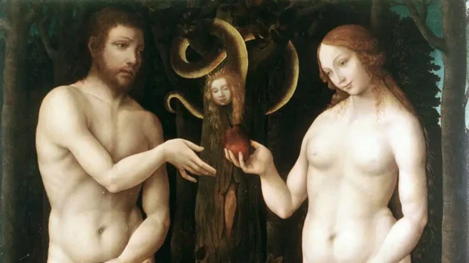 Ève offre à Adam la pomme de l'arbre de la connaissance tandis que le serpent, enroulé autour d'un arbre, observe. Détail de "Adam et Ève" ("La tentation d'Adam"), œuvre créée par l'artiste énigmatique Maître de Lucrèce, vers 1520.