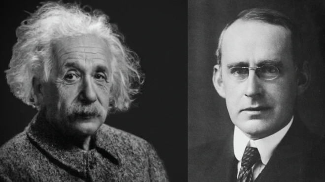 เซอร์อาเทอร์ สแตนลีย์ เอ็ดดิงตัน (ขวา) คือผู้ผลักดันทฤษฎีสัมพัทธภาพของไอน์สไตน์ให้เป็นที่รู้จัก