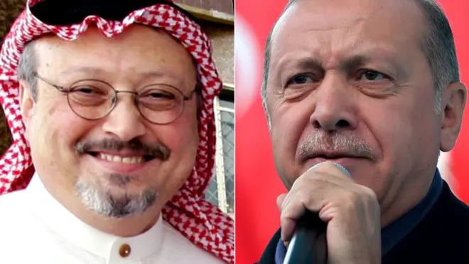 Split photos of Jamal Khashoggi and Recep Tayyip Erdogan