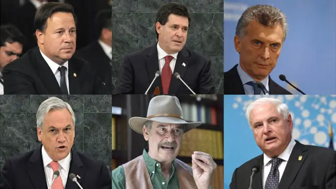 Los presidentes de: Panamá, Juan Carlos Varela, de Paraguay, Horacio Cartes y de Argentina, Mauricio Macri y los expresidentes de: Chile, Sebatián Piñera, de México, Vicente Fox y de Panamá, Ricardo Martinelli.