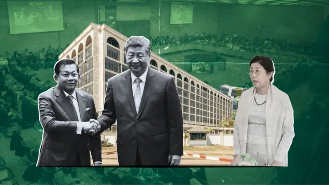 ဦးမင်းအောင်လှိုင်၊ တရုတ်သမ္မတ ရှီကျင့်ဖျင်တို့ လက်ဆွဲနှုတ်ဆက်နေတဲ့ပုံ၊ မြန်မာဗဟိုဘဏ်နဲ့ ဗဟိုဘဏ် ဥက္ကဋ္ဌအသစ်  ဒေါက်တာခင်နိုင်ဦးတို့ အဖြူ အမည်းနဲ့ အစိမ်း ပေါင်းစပ်ဓာတ်ပုံ 