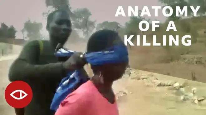 Video foto from di viral clip wia one soldier dey push woman wey get blindfold for eye
