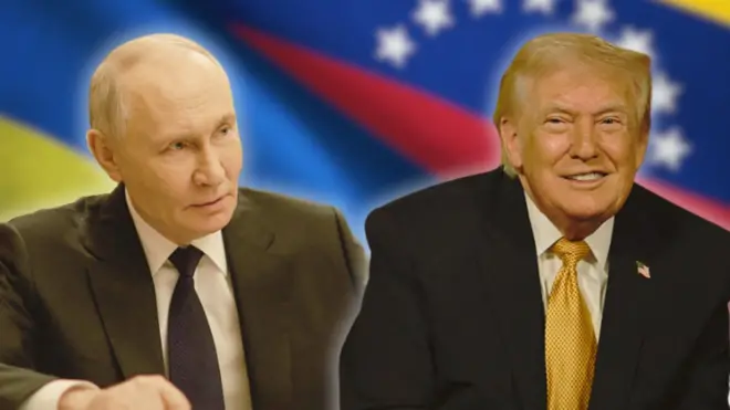 Колаж - Трамп і Путін та тлі прапорів Венесуели та України