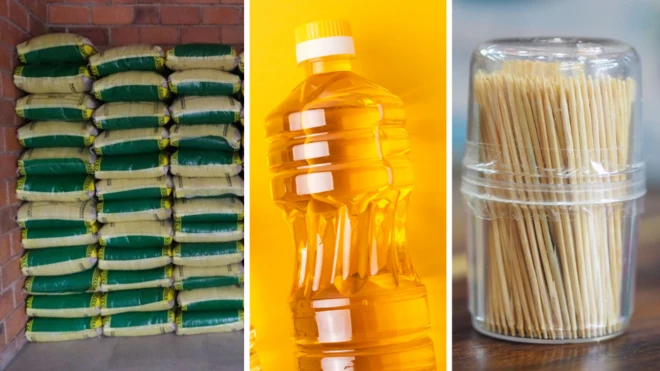 Rice, vegetable oil and toothpicks