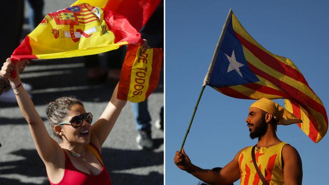 Demonstrators in Barcelona: pro-unity (L) and pro-independence