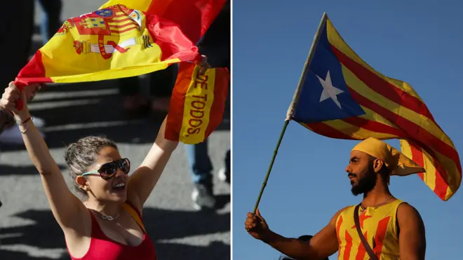 Demonstrators in Barcelona: pro-unity (left) and pro-independence