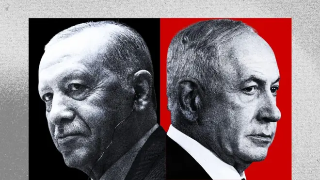 Erdoğan ve Netanyahu'nun iki fotoğrafının yan yana olduğu bir görsel. Üzerlerinde takım elbise var.