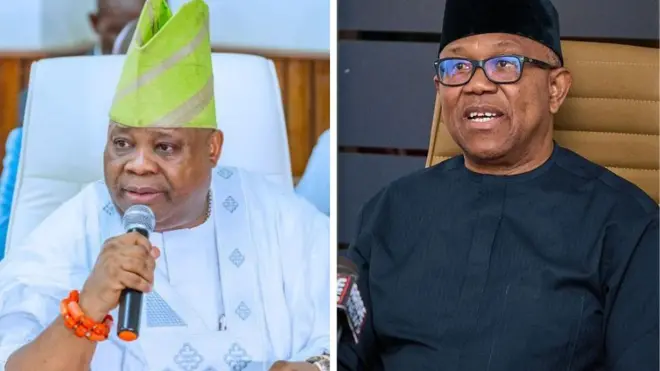 Govnor Ademola Adeleke wey of Osun State wear all white wit lemon green traditional cap wey get milk colour stripes, e hold microphone for hand as e dey tok. Labour Party candidate for di 2023 Presidential election, Peter Obi wear all black cloth siddon for chair