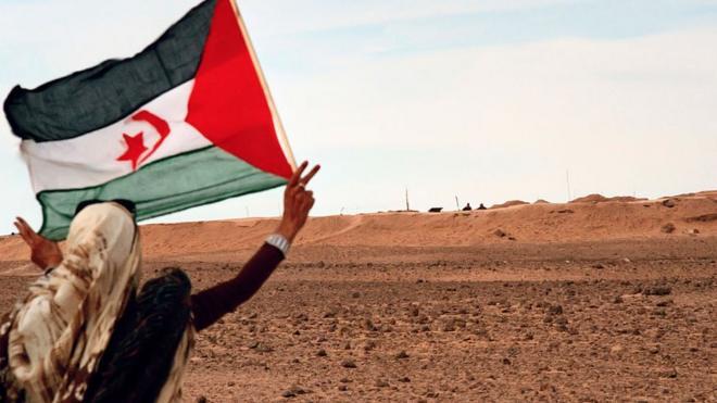 Una mujer saharaui muestra la bandera saharaui ante el muro marroquí.