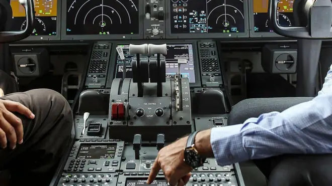 A cockpit of a Boeing 787 Dreamliner aircraft, operated by Air India at an air show in India
