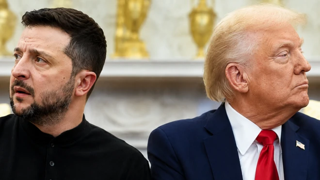Зеленський і Трамп сидять поруч, але дивляться в різні боки - колаж