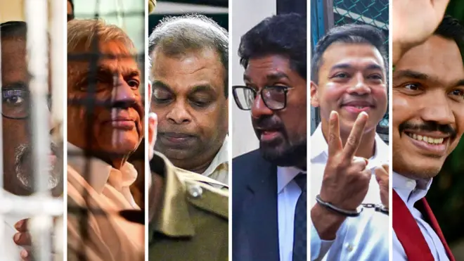 මහින්දානන්ද, රනිල්, දේශබන්දු , කෙහෙලිය, යෝෂිත හා නාමල් රාජපක්ෂ සිටිනා ඡායාරූපයකි.